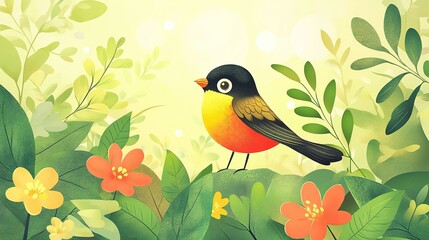 painting illustration cheerful springtime, colorful bird with flower peaceful nature scene with soft bokeh light and sunflare