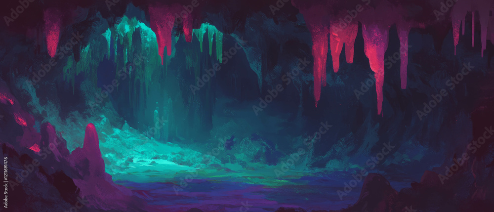 Poster exploring the shimmering depths of a mystical cave filled with vibrant colors