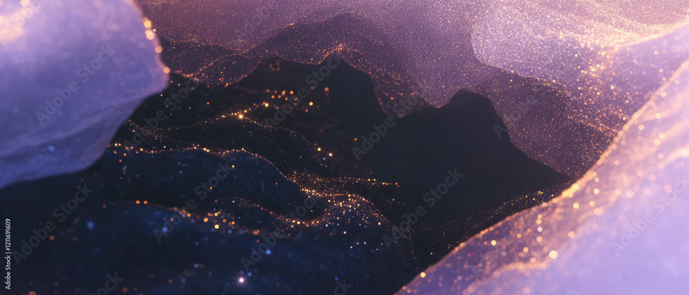 Poster Exploring the enchanting texture of caves adorned with golden glitters and dark formations