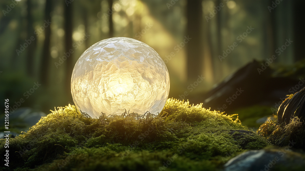 Poster a frosted orb with a textured surface, softly illuminated from within, placed on a bed of moss in a 
