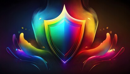 Fototapeta premium A vibrant shield is surrounded by colorful, swirling hands, symbolizing protection and creativity in a digital art style.