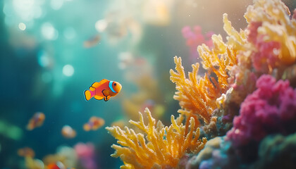 Underwater Scene with Clownfish and Vibrant Coral Formations

