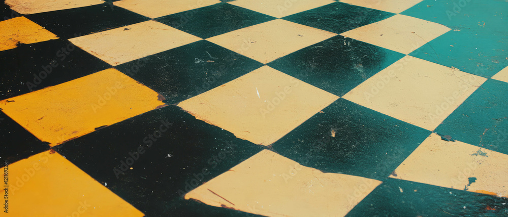 Poster Vibrant checkerboard pattern showcasing alternating colors and sharp edges on a textured surface
