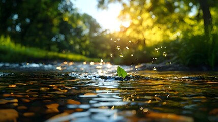 Fototapeta premium Tranquil Stream with Droplets and Leaf in Morning Light