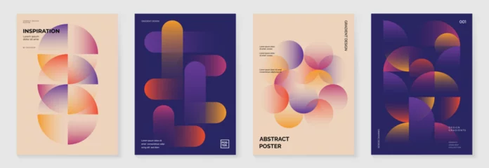 Collection of 70s color gradient poster background vector. Set of retro wall decoration, groovy, trippy, geometric shape. Vintage hippie wall art for interior, decorative, banner, cover, card.