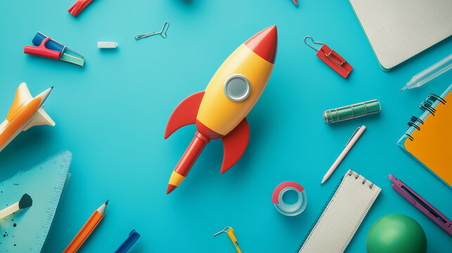 Back to school theme with a rocket with school supplies