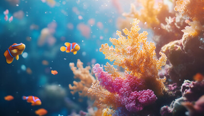 Vibrant Underwater Scene with Colorful Coral Reefs and Swimming Fish

