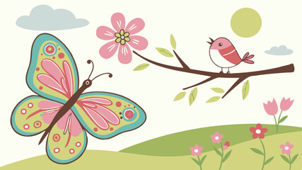 Spring scene with trees, flowers, butterflies, birds, vector illustration
