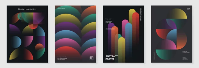 Collection of 70s color gradient poster background vector. Set of retro wall decoration, groovy, trippy, geometric shape. Vintage hippie wall art for interior, decorative, banner, cover, card.