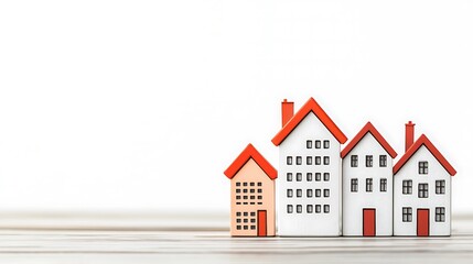 A trio of miniature houses with red roofs against a white background, symbolizing real estate, home ownership, or housing market concepts.