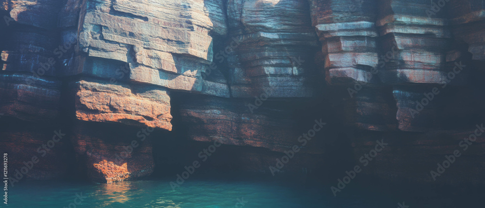 Poster vertical cliffs display unique layered rock formations along the serene coastal shoreline