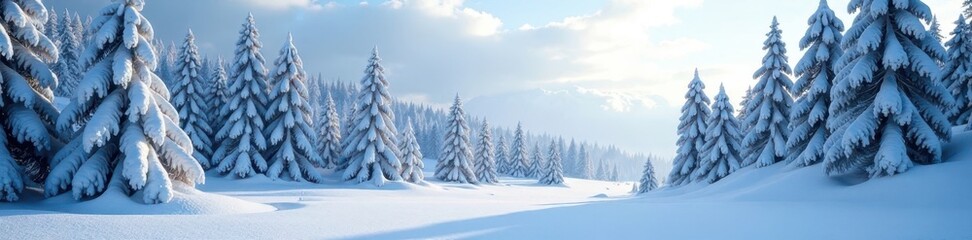 Towering pine and fir trees covered in a thick blanket of snow, forests, landscapes, frosty
