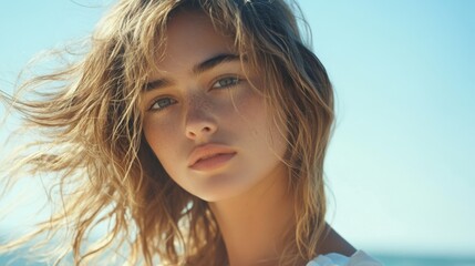 A close-up of a womans hair styled in loose beach waves, with natural highlights catching the light, complemented by a casual summer outfit in a coastal setting.