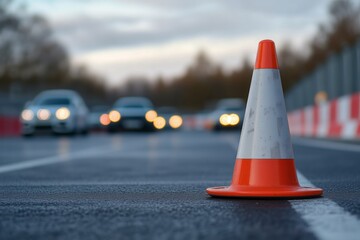 Traffic cone on the road with blurred cars in the background during twilight