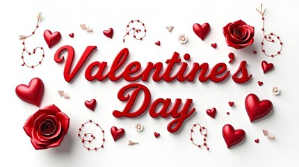 Happy valentines day greeting card banner lettering romantic red pink love heart theme background,Opulent and romantic 3D illustration with 'Happy Valentine's Day' in elegant gold cursive, surrounded