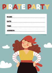 Pirate party invitation, birthday.A card for a children's party.Pirate ship, skull, crab, treasure chest. Cartoon Flat illustrations