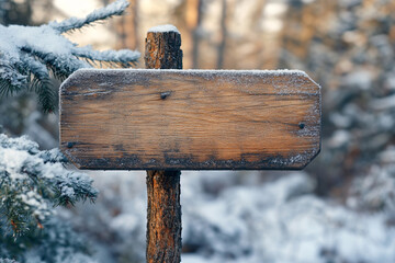 Naklejka premium wooden sign in winter forest with copy space