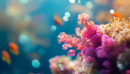 Vibrant Coral Reef with Colorful Fish and Dreamy Underwater Background

