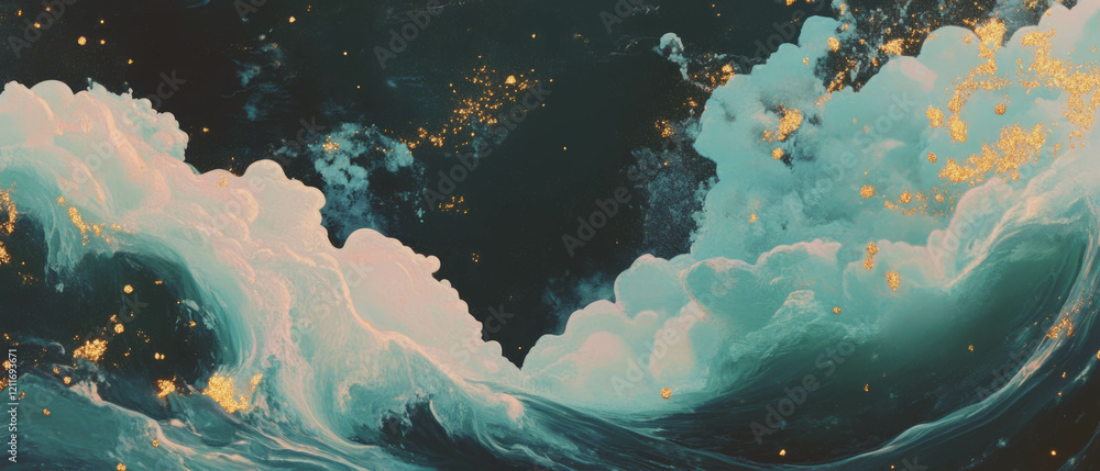 Poster cloud formations with contrasting textures and golden highlights in a mystical atmosphere