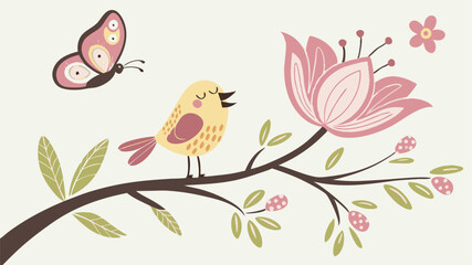 Spring scene with trees, flowers, butterflies, birds, vector illustration