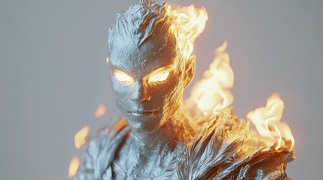 Fiery humanoid sculpture, studio shot, ethereal background, fantasy art