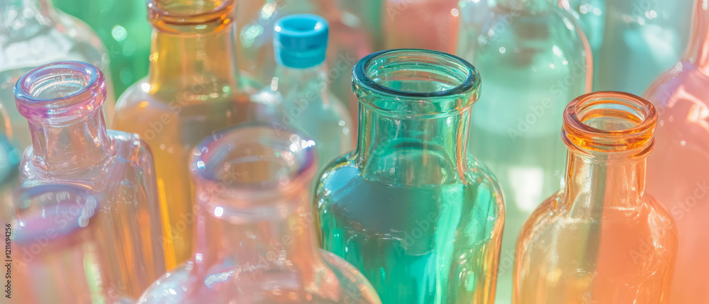 Aufkleber colored glass bottles arranged in various shapes creating a vibrant display of textures