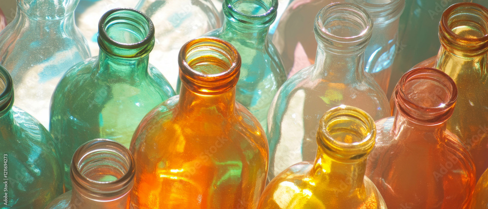 Poster colored glass bottles display vibrant texture and unique shapes in contemporary setting