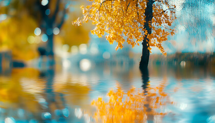 Serene Autumn Landscape with Yellow Tree Reflected in Calm Water

