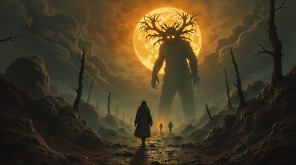 Giant mythical creature looms over three figures under a dramatic moonlit sky