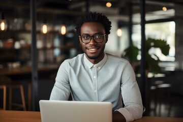 Obraz premium Portrait of a smiling young african american freelancer working on a laptop in a modern cafe