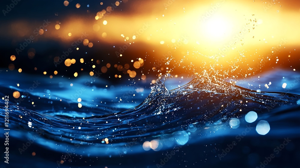 Poster Sunlight Reflection on Water Surface with Splashing Waves at Dusk