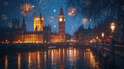 Obraz premium Fireworks illuminate London cityscape at night