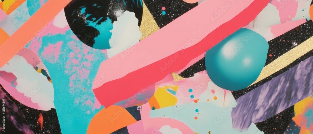 Poster bright construction paper cutouts create a vibrant abstract collage in playful shapes