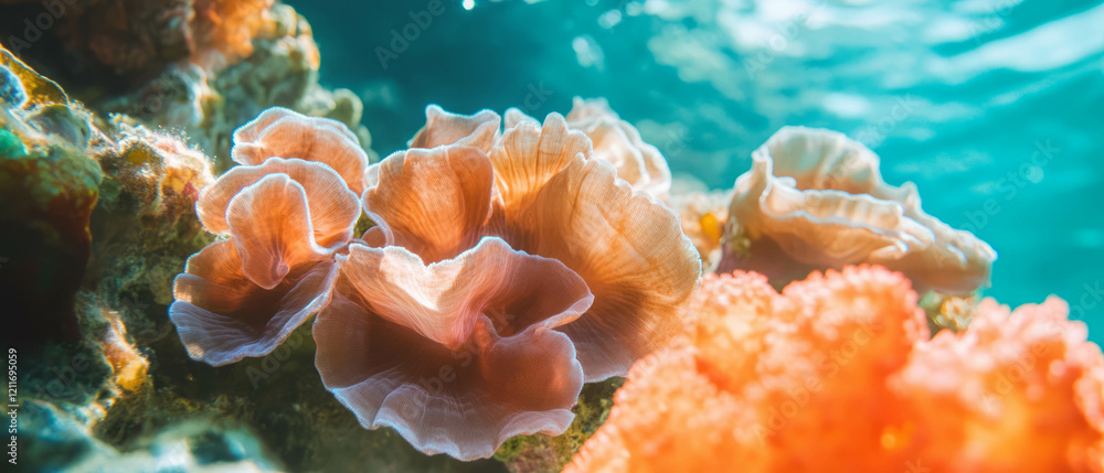 Poster vibrant coral reef textures showcasing intricate structures and colors beneath the ocean surface