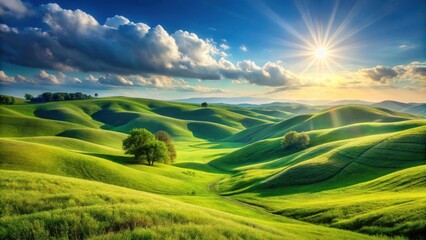 Obraz premium Serene Rolling Hills Under a Radiant Sun A Pastoral Landscape of Lush Green Meadows and Solitary Trees at Sunset