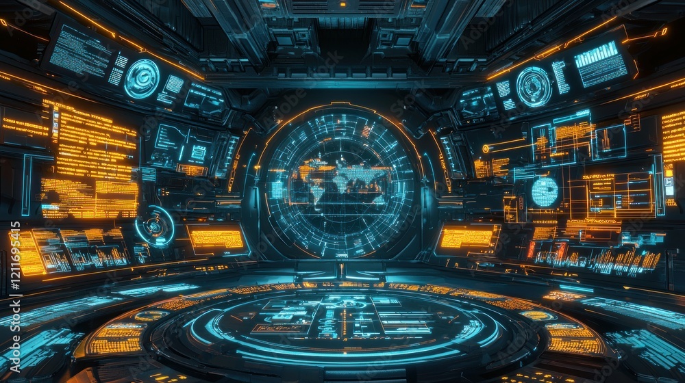 Poster futuristic spaceship bridge: advanced technology and global monitoring system