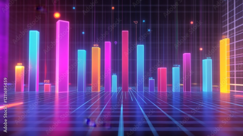 Leinwandbilder a colorful d bar graph rising on a grid background, with glowing bars representing data growth, and 