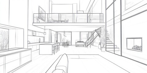 Fototapeta premium Architectural Sketch of a Modern Open Plan Home Design