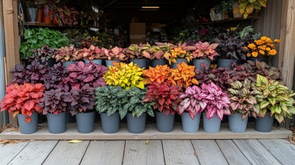 Obraz premium Vibrant Iresine Herbs in Colorful Pots: A Greenhouse Display