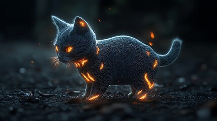 Fiery kitten fantasy, dark forest background, magical pet, digital art, wallpaper
