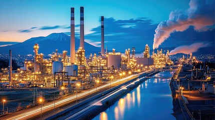 A coal-fired power plant and hydroelectric facilities at night.