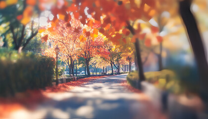 Serene Autumn Pathway with Trees and Vibrant Orange and Red Leaves

