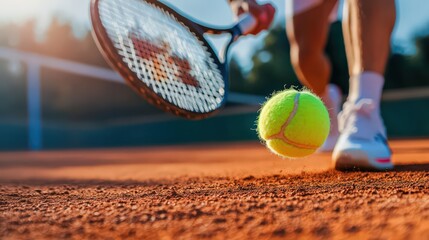 A tennis player mid-swing, with the ball in motion on a clay court.