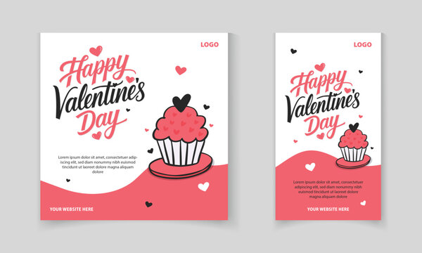 Happy Valentine's Day social media post design with heart shaped cupcake and floating heart
