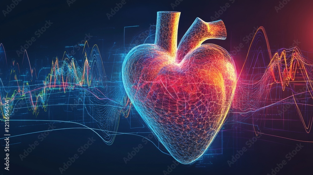 Poster A conceptual graphic showing a heart wave merging with sound waves, illustrating the connection between heartbeats and sound in a creative visual
