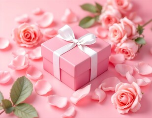 Elegant pink gift box with a ribbon surrounded by pink roses and green leaves on a soft pink background, perfect for romantic occasions. Horizontal layout.