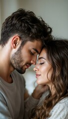 Romantic close-up of a couple gently touching foreheads, sharing an intimate and emotional moment. Vertical composition.