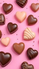 Obraz premium Assorted heart-shaped chocolates in shades of dark and milk chocolate with pink accents on a vibrant pink background, perfect for a vertical Valentine's Day social media banner.