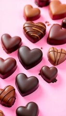 Fototapeta premium Assorted heart-shaped chocolates in shades of dark and milk chocolate with pink accents on a vibrant pink background, perfect for a vertical Valentine's Day social media banner.