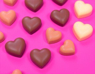 Fototapeta premium Assorted heart-shaped chocolates with intricate designs arranged on a bright pink background, creating a sweet Valentine's Day treat. Horizontal festive design.